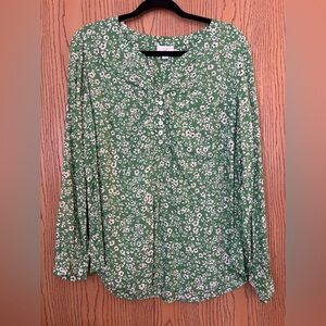 J Jill Long Sleeve Green Floral Blouse with MOP Buttons